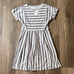 Women’s White and Gray Striped Casual Fit-and-Flare Dress
